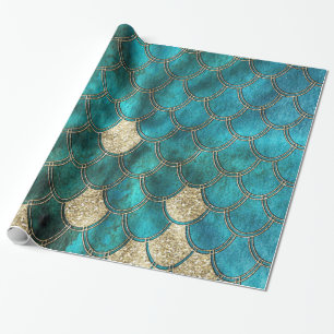 Papel De Presente Mermaidescalas verdes aqua com brilho dourado