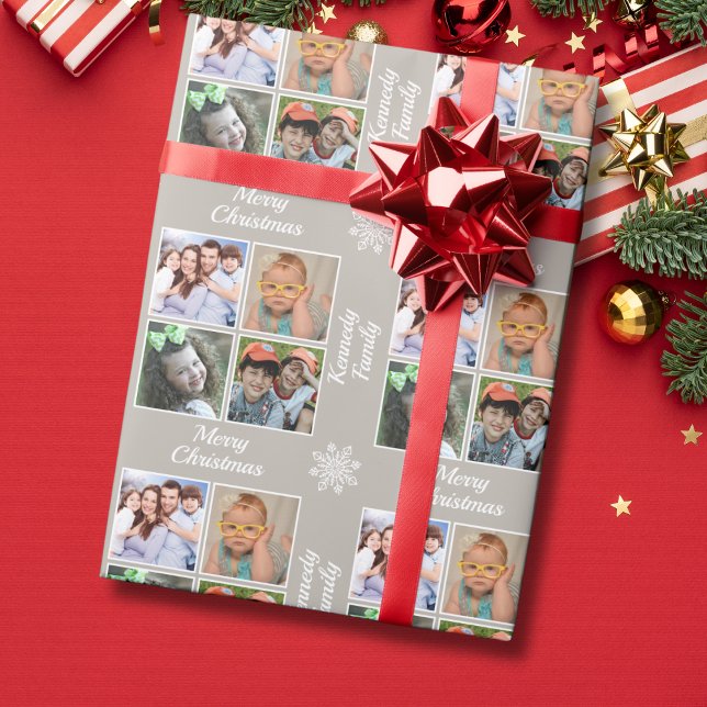 Papel De Presente Merry Christmas 4 Photo Collage Family Name Taupe (Criador carregado)