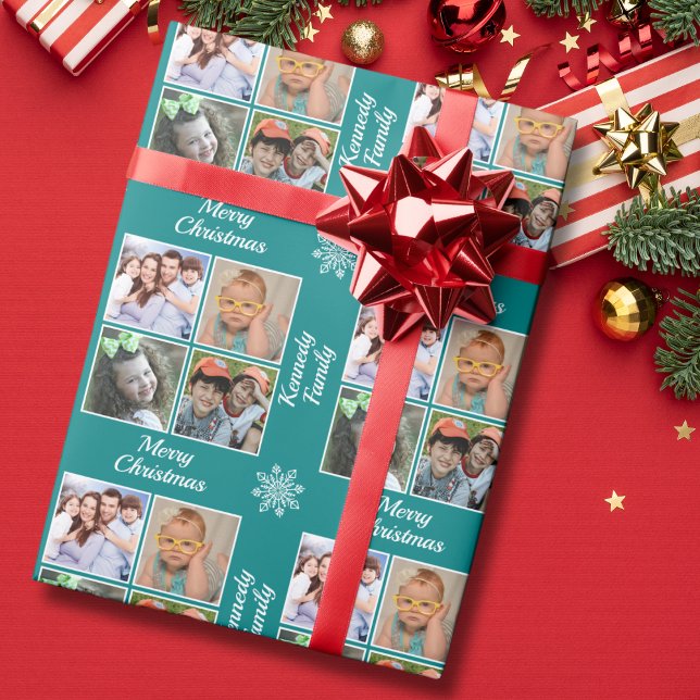 Papel De Presente Merry Christmas 4 Photo Collage Family Name Teal (Criador carregado)