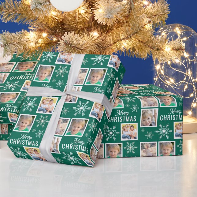 Papel De Presente Merry Christmas 4 Photos Snowflake Christmas Green (Feriados)