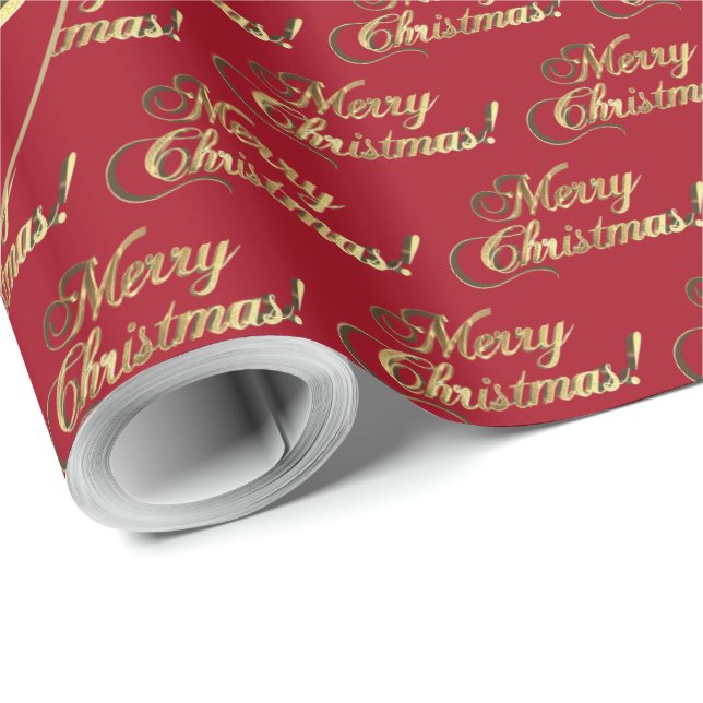 Papel De Presente Merry Christmas Gold Foil Script Apple Red (Ponta do rolo)