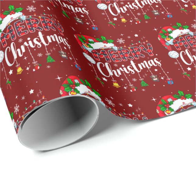 Papel De Presente Merry Christmas Red Santa Hat Reindeer Xmas Family (Ponta do rolo)