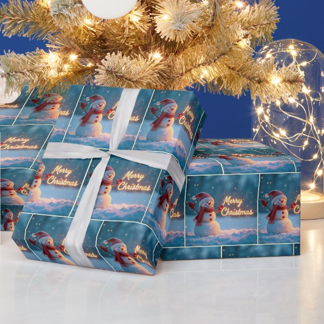 Papel De Presente Merry Christmas Snowman with Neon Sign (Feriados)