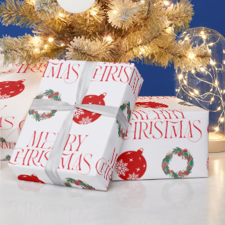 Papel De Presente Merry Christmas Wrapping Paper w Ornament & Wreath