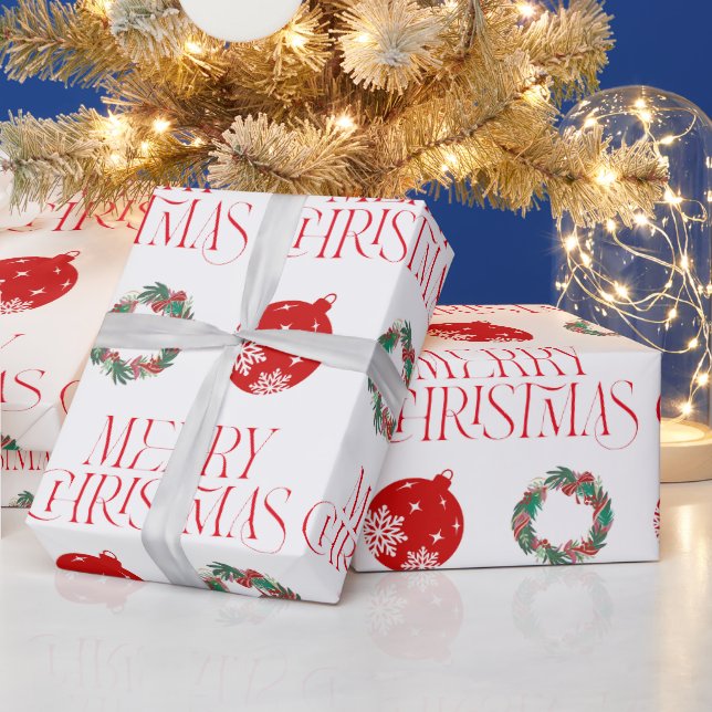 Papel De Presente Merry Christmas Wrapping Paper w Ornament & Wreath (Feriados)