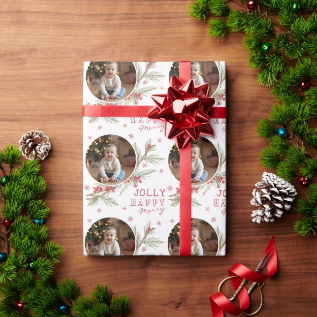 Papel De Presente Merry Happy Jolly Custom Photo Holiday Gift  (Presente de Natal)