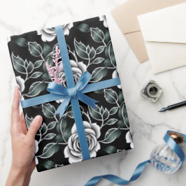 Papel De Presente Metallic Silver Roses With Dark Green Leaves