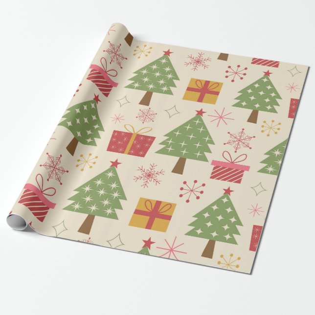 Papel De Presente Mid Century Christmas Atomic Trees with Snowflakes (Desenrolado)