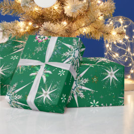 Papel De Presente Mid-Century Snowflakes Galore On Green