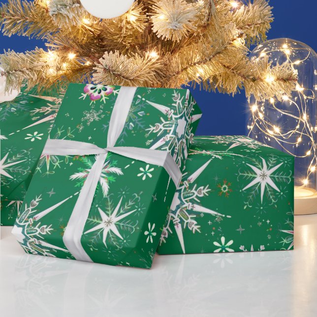 Papel De Presente Mid-Century Snowflakes Galore On Green (Feriados)