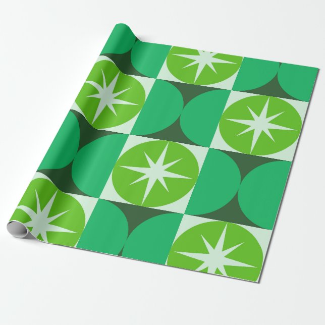 Papel De Presente Mid Century Starbursts on Lime Mint Green circles  (Desenrolado)