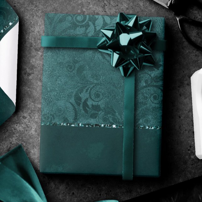 Papel De Presente Midnight Teal Romance | Dark Satinge Damask (Criador carregado)