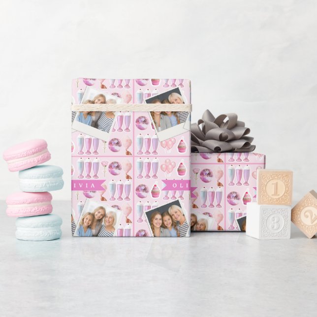 Papel De Presente Milkshake Rosa Personalizado Retro Fofo Coquette (Chá de bebê)