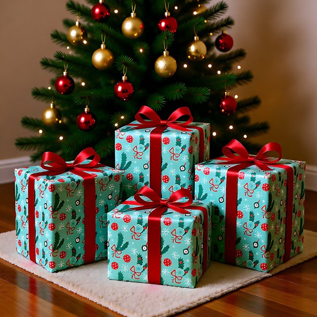 Papel De Presente Minga Verde Pickleball Feliz 🎁 Natal (Minty Green Pickleball Merry Christmas 🎁 Wrapping Paper)