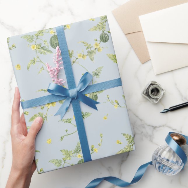Papel De Presente Mini Melancia Botânica Azul Cinza Suave (Presentear)