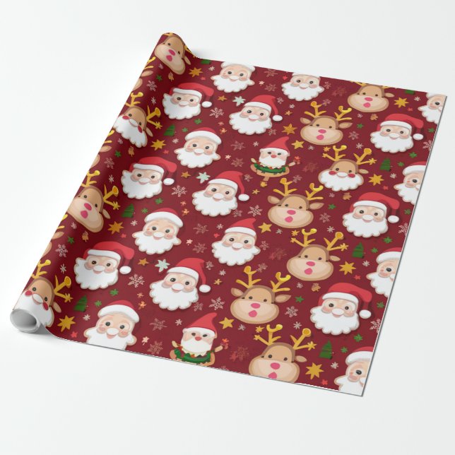 Papel De Presente Mini Papais noeis encantadores e padrão de Natal p (Desenrolado)