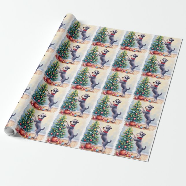 Papel De Presente Miniature Schnauzer decorando árvore de Natal cach (Desenrolado)