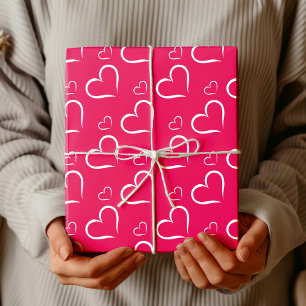 Papel De Presente Minimalista Framboesa Corações Abertos Brancos C