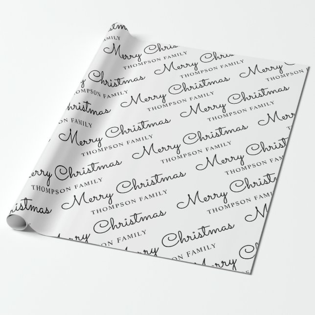 Papel De Presente Mínimo Black White Merry Christmas Family Name (Desenrolado)