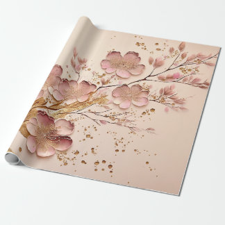 Papel De Presente Mínimo Elegante Floral Rosa e Dourado
