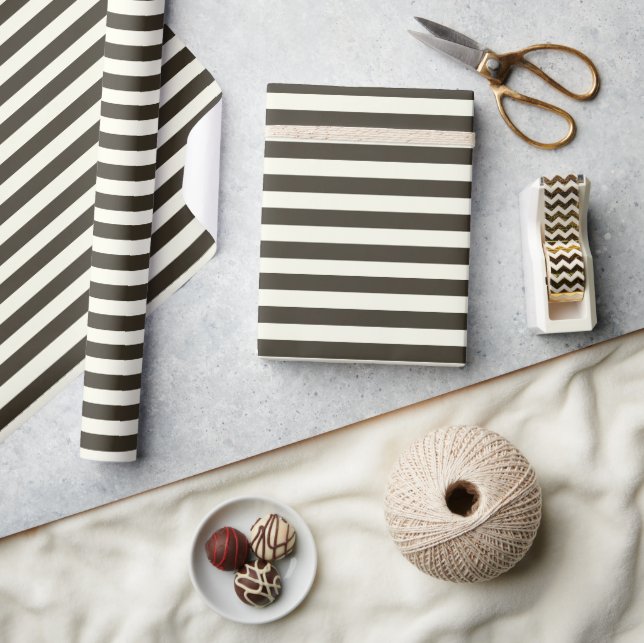 Papel De Presente Mínimo Marrom Escuro Elegante em Listras Branco Ma (Artesanato)