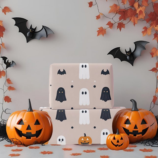 Papel De Presente Mínimo Pastel Rosa Fantasma e Abóbora no Halloween (Criador carregado)