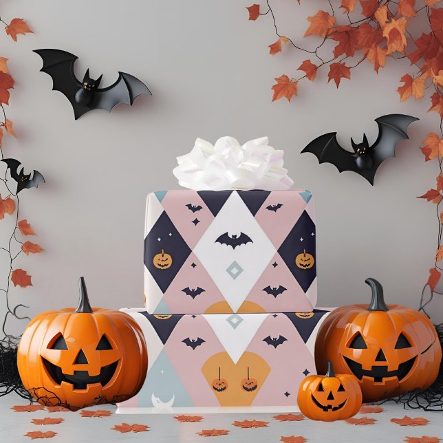 Papel De Presente Mínimo Pastel Rosa Fantasma e Abóbora no Halloween (Criador carregado)