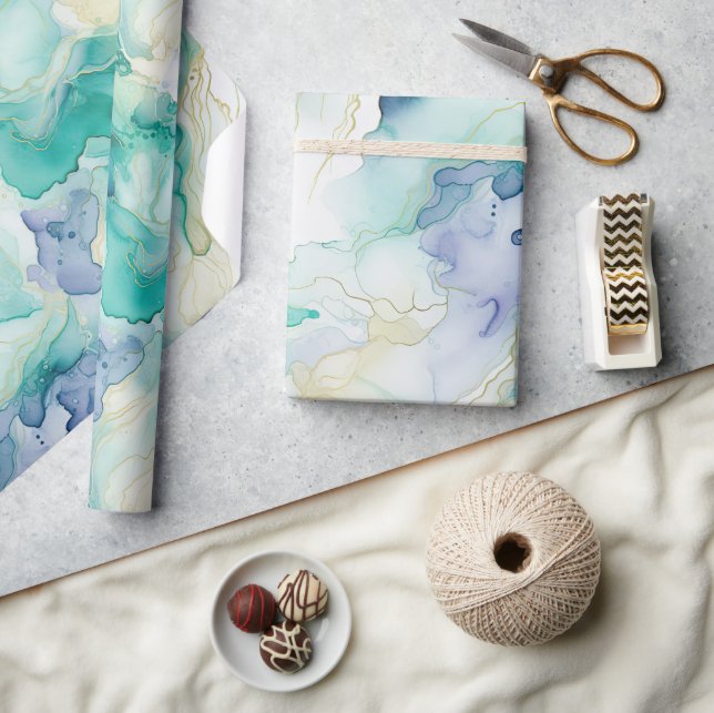 Papel De Presente Mint Aqua Blue Ink Marble (Artesanato)