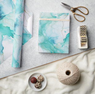 Papel De Presente Mint Aqua Dourada Ink Marble