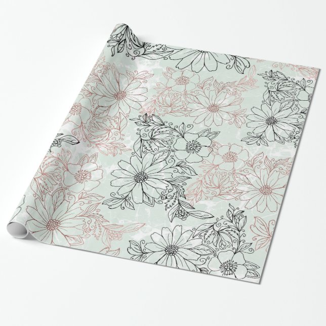 Papel De Presente Mint Black Rosa Dourado - mármore Floral (Desenrolado)