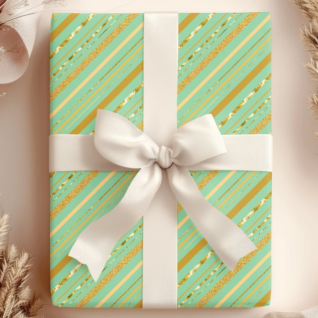 Papel De Presente Mint & Gold Listras Luxo (Criador carregado)