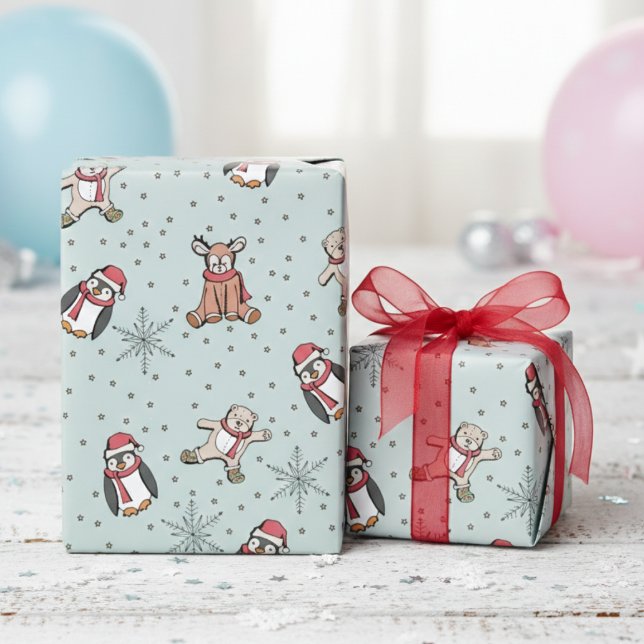 Papel De Presente Mint Green Bebês Primeiro Natal Animais De Inverno (Cute Winter Stuffed Animals, Snowflakes, Polka Dots Pattern Gender Neutral Xmas Gift Wrap for Kids)