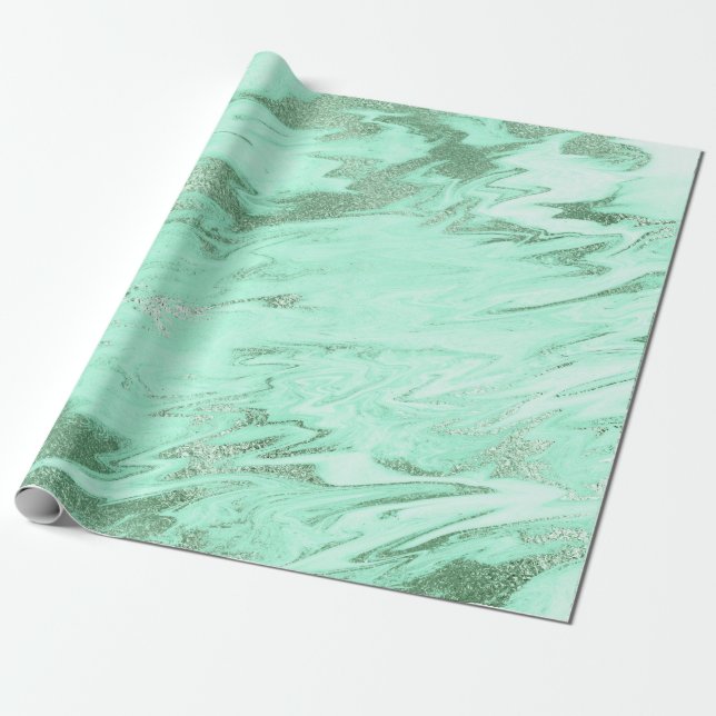 Papel De Presente Mint Green Cinza Silver White Marble Shiny Glam (Desenrolado)