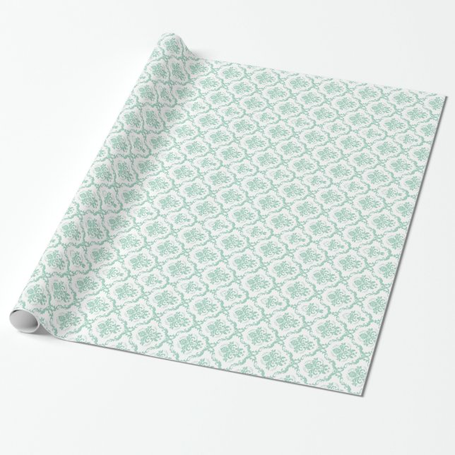 Papel De Presente Mint-Green Elegante e Damascos Florais Brancos (Desenrolado)