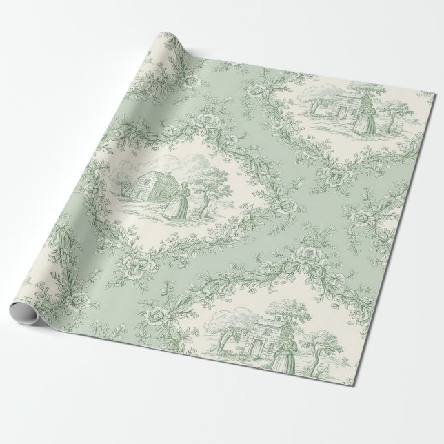 Papel De Presente Mint Green French Country Floral Toile - Farmhouse (Desenrolado)