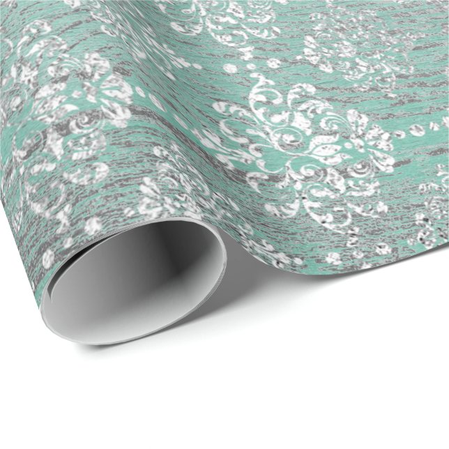 Papel De Presente Mint Green Metallic Damask Silver Cinza Rústica (Ponta do rolo)