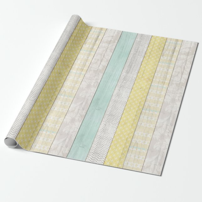 Papel De Presente Mint & Yellow Boho Padrão Geométrico Madeira Rústi (Desenrolado)