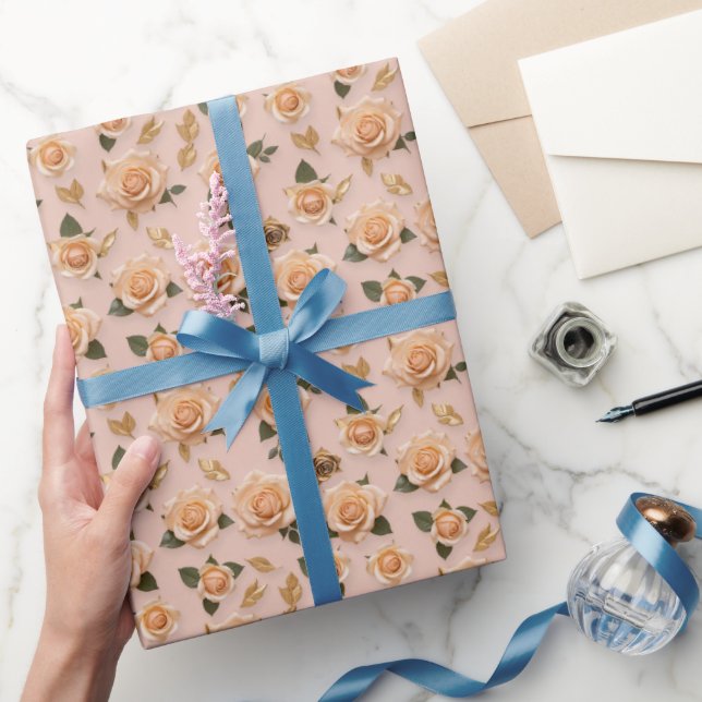 Papel De Presente Minúsculas Rosas Creme E Douradas (Presentear)