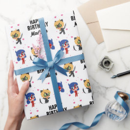 Papel De Presente Miraculoso Ladybug e Cat Noir Chibi Aniversário