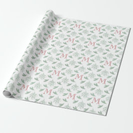 Papel De Presente Mistletoe Pine com Monograma de Vermelho Natal