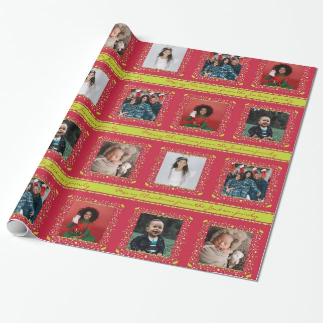 Papel De Presente Mistletopartridge stripes foto vermelha de Natal (Desenrolado)