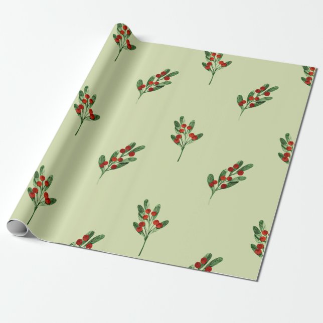 Papel De Presente Mistura de Aquarela com Red Berries no Natal (Desenrolado)