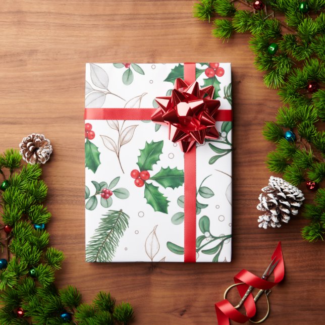 Papel De Presente Mistura de Aquarelas e Ramificação de Pinheiros (Presente de Natal)