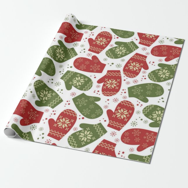 Papel De Presente Mittens Vermelhos e Verdes com Flocos de Neve Nata (Desenrolado)