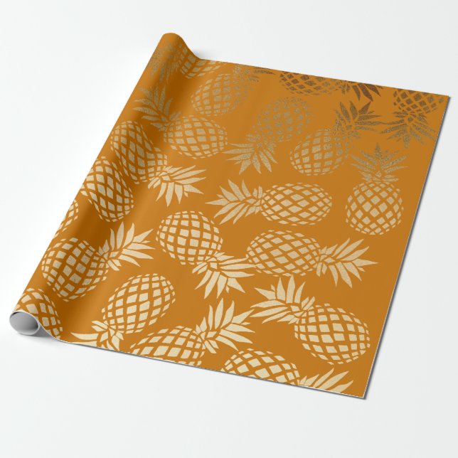 Papel De Presente modelo de abacaxi tropical dourado elegante (Desenrolado)