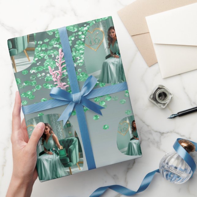 Papel De Presente Modelo de Foto Moderno com Glitter Verde Ombre par (Presentear)