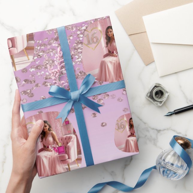 Papel De Presente Modelo de Foto Ombre com Brilho em Rosa Dourado El (Presentear)