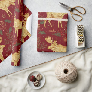 Papel De Presente modelo de natal de renas de ouro elegante