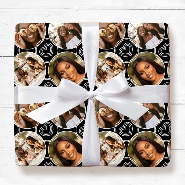 Papel De Presente Modern 4 Photo Collage Circle Heart Pattern Black (Criador carregado)