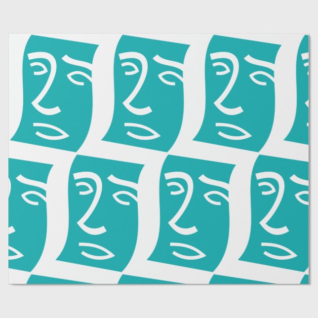 Papel De Presente Modern Abstract Face Line Art Teal (Aberto)
